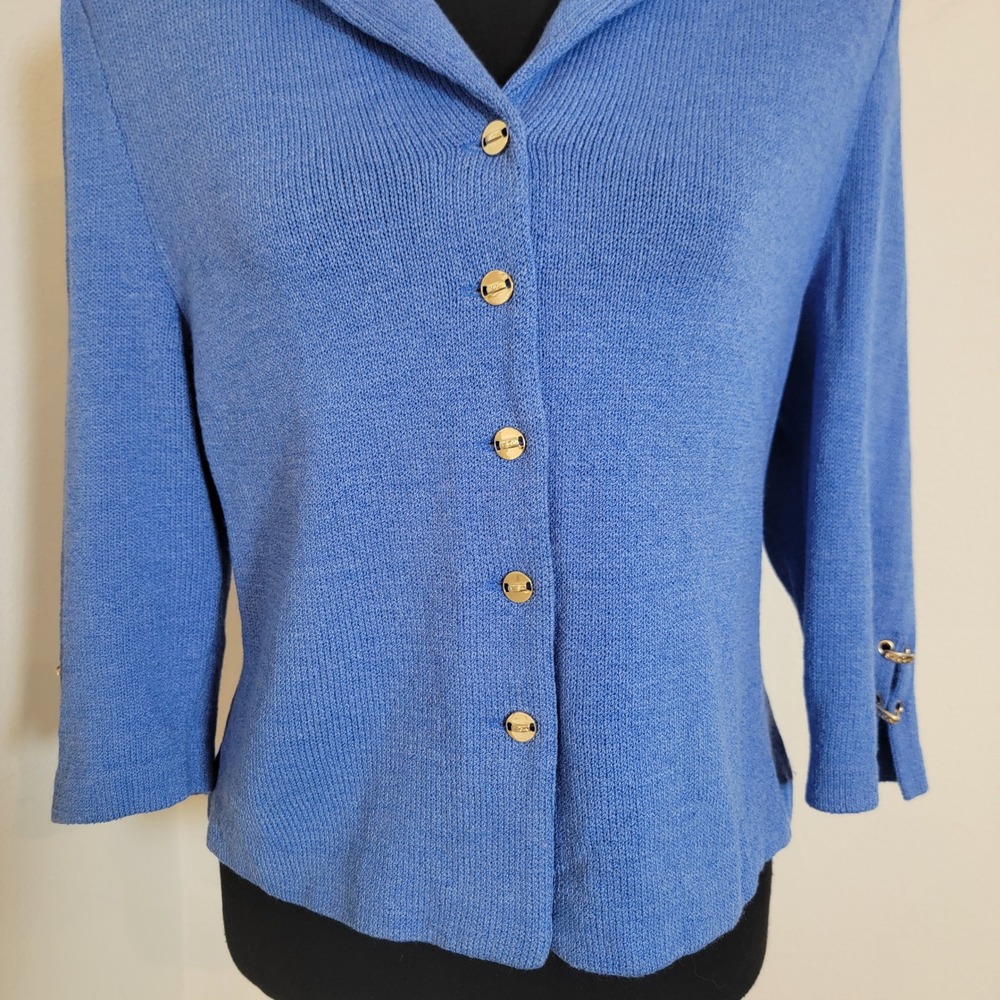 Y2K St. John Collection Santana Knit Blue Blazer Button Front Gold Academia Sz 8 - Picture 4 of 16